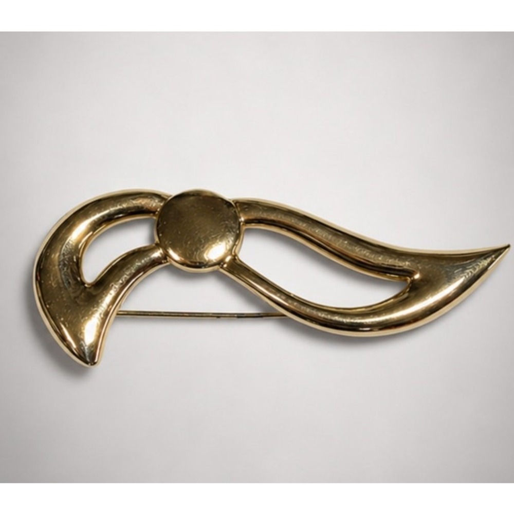 Large Abstract Bow Brooch Pin 4 In Gold Tone Modern Shiny go224
